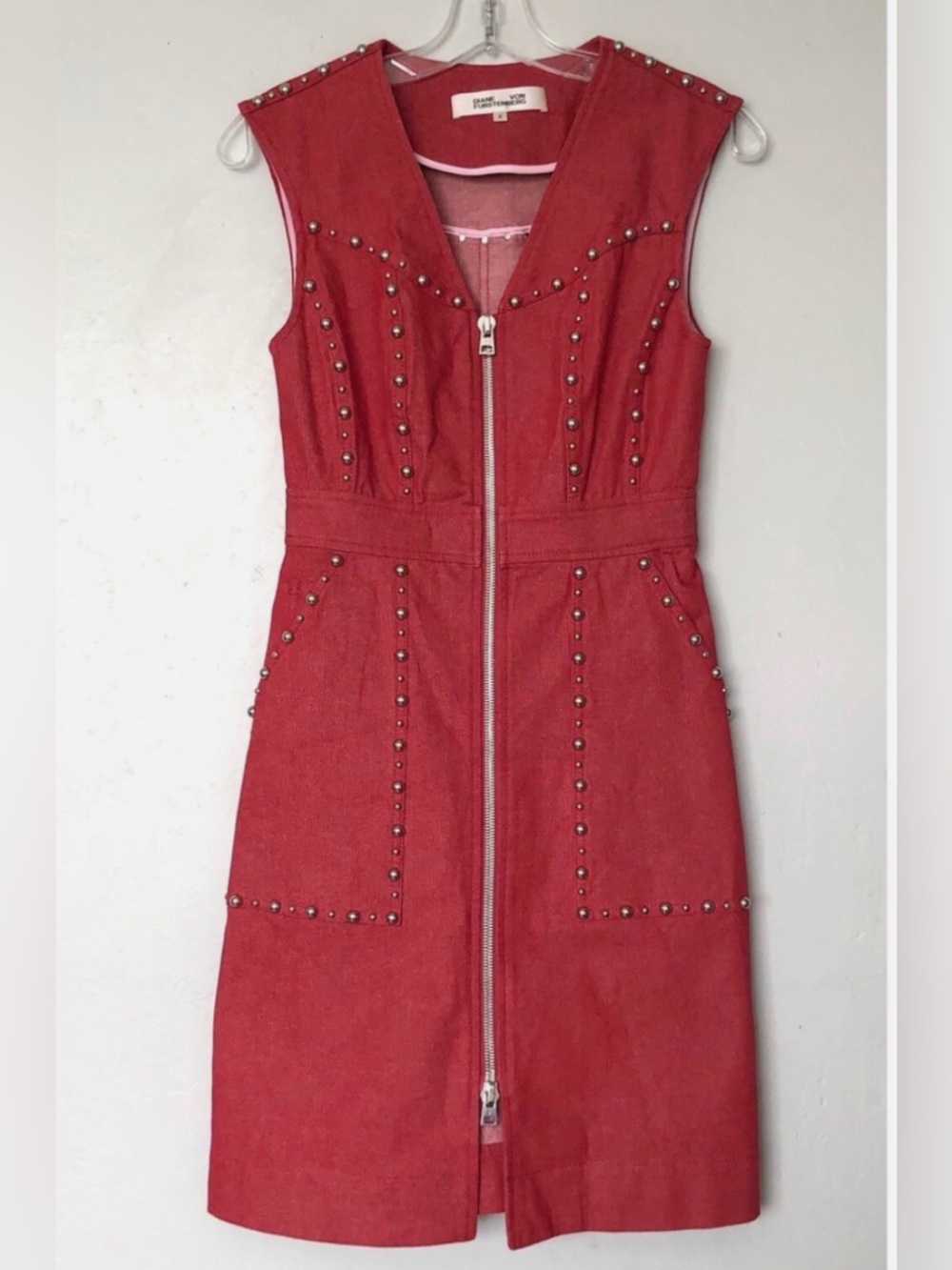 Diane Von Furstenberg knee length Red Studded Zip-Front Sleeveless Dress